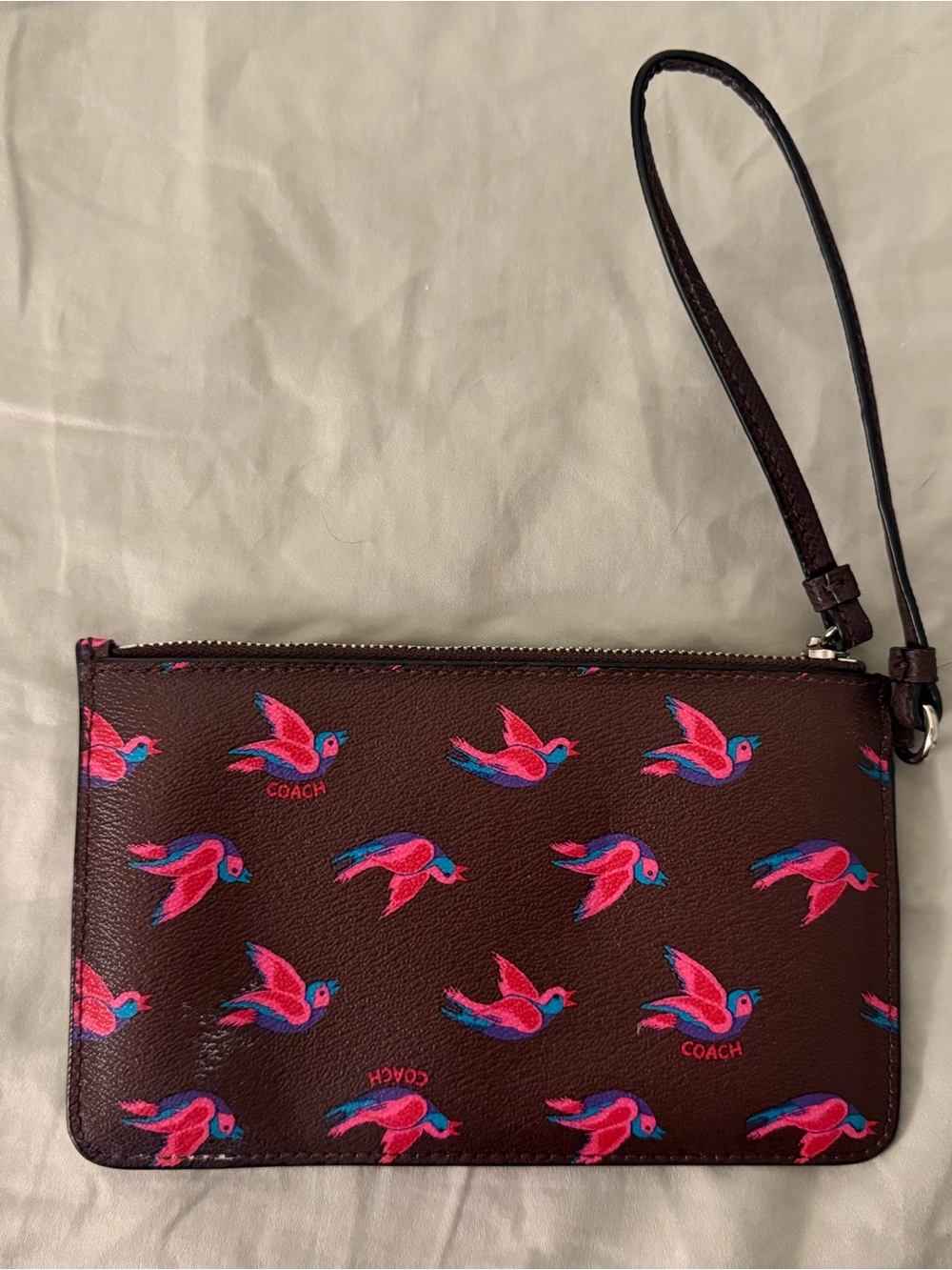 COACH Brown Leather Wristlet with Pink & Blue Bird Motif - Picture 2 of 2